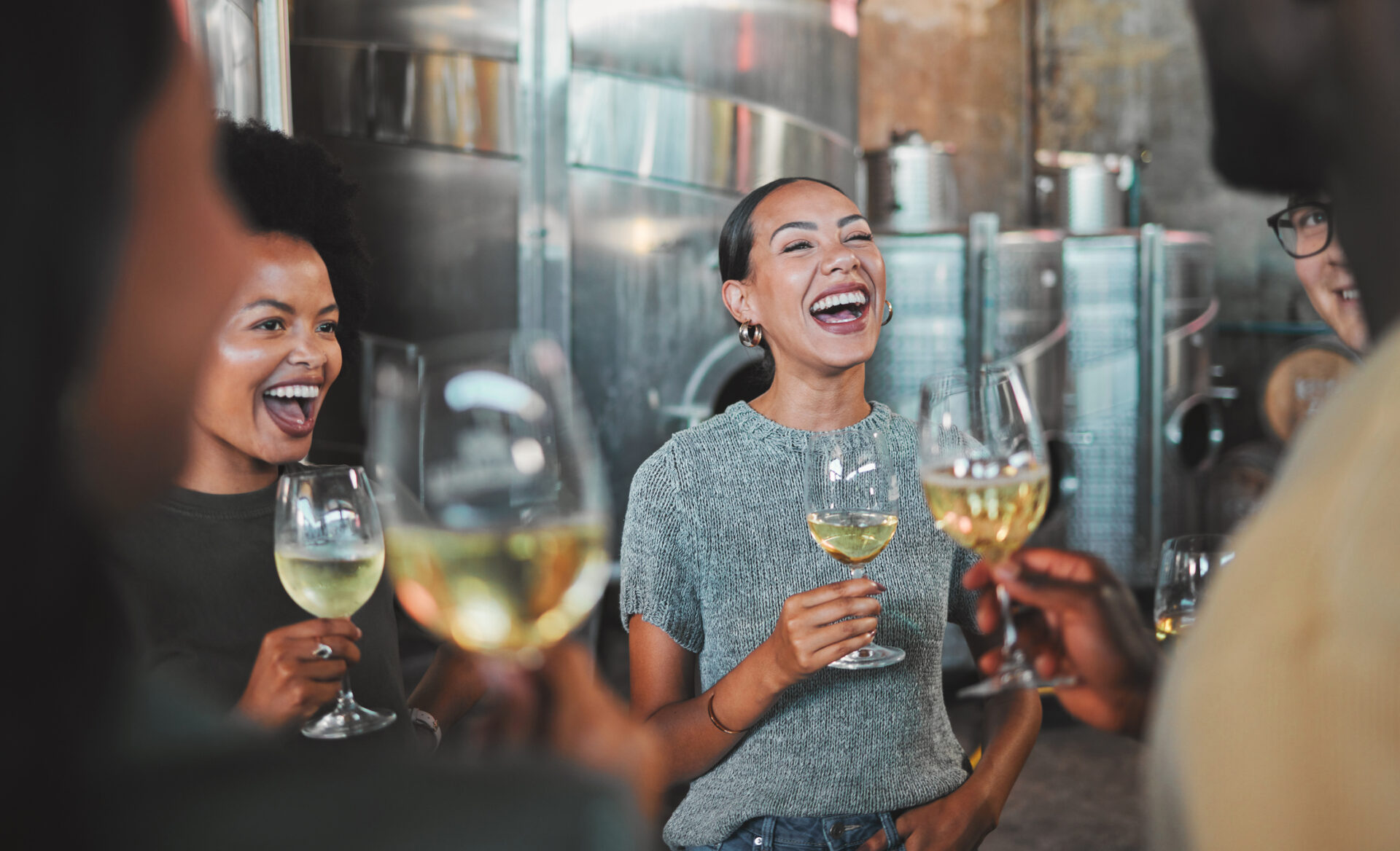 Celebration, champagne glasses and friends at wine tasting experience or celebrating success for about us hospitality homepage. Business people drinking luxury alcohol in winery business or industry