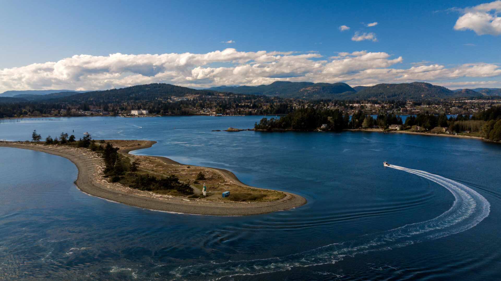 Drone shot of Whiffin Spit, Sooke, Vancouver Island, BC Canada