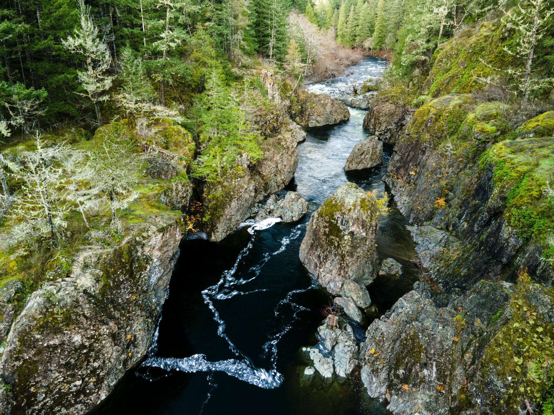 A river surrounded by rocks and trees in Sooke Potholes Provincial Park, Vancouver Island